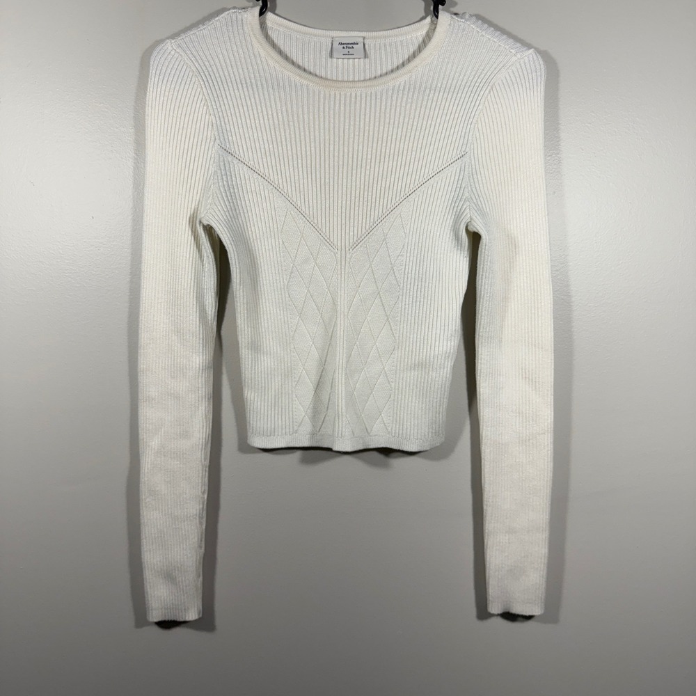 Abercrombie & Fitch Women's Cream Ribbed Knit Long Sleeve‎ Crop Top size Small